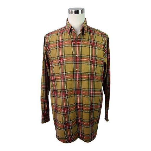 Viyella Wool Cotton Blend Tan Green Red Plaid Long Sleeve Button Down Shirt XL - Picture 1 of 4